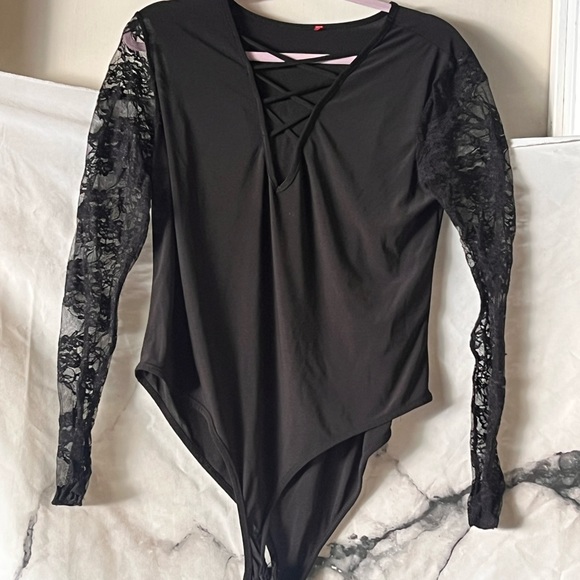 Black Leotard with Lace Sleeves and Lace up Front - Picture 2 of 4